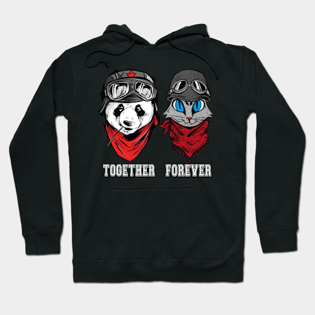 Cute Panda and cat couple in helmet and goggles with the words together forever. Hoodie by AJ techDesigns